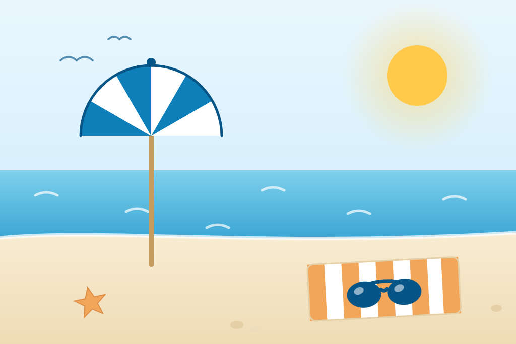Illustration d'une plage : parasol bleu et blanc, mer, soleil et lunettes de soleil posées sur une serviette